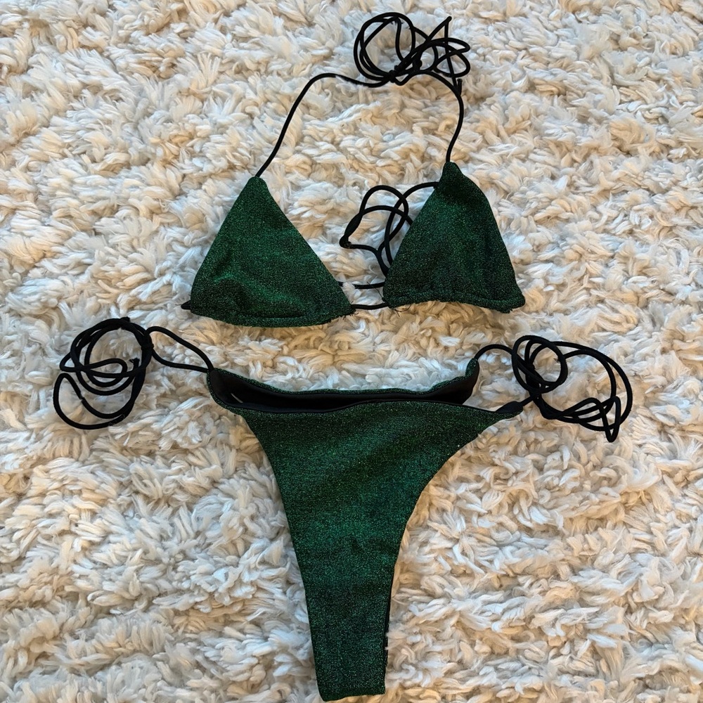 Fashion Nova Green Shimmer Triangle String Bikini